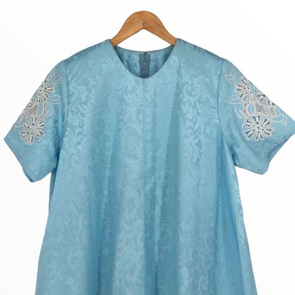 80’s Home Made Light Blue Embroidered House Dress - Picture 2 of 11